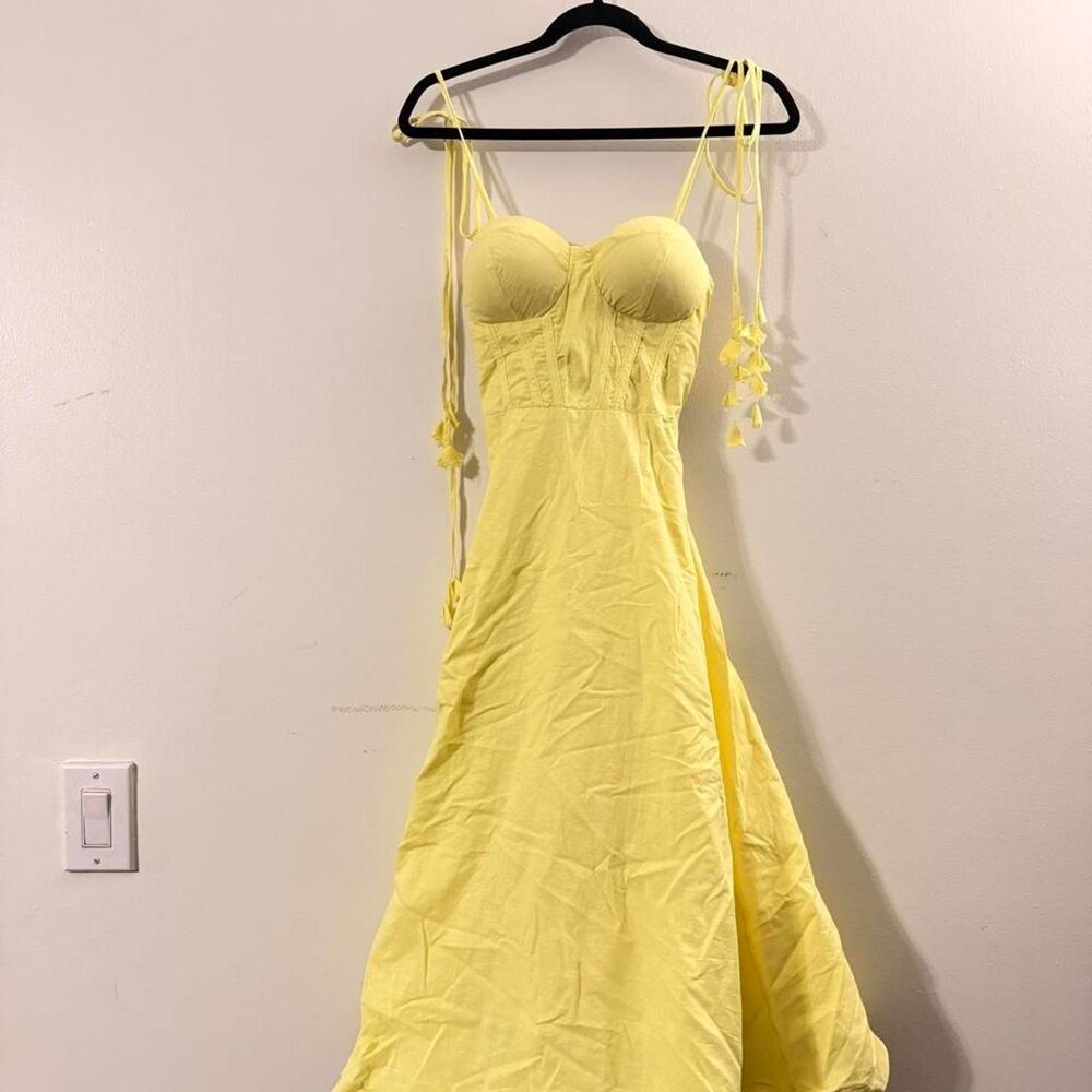 CLASSY butter yellow cotton linen bustier midi dress, Size S 🌼